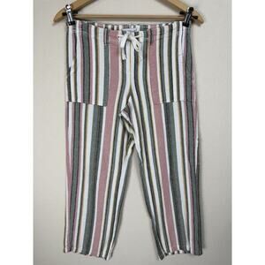 Keren Hart Women’s Crop Pants Sz S Linen Blend Elastic Drawstring Waist Striped